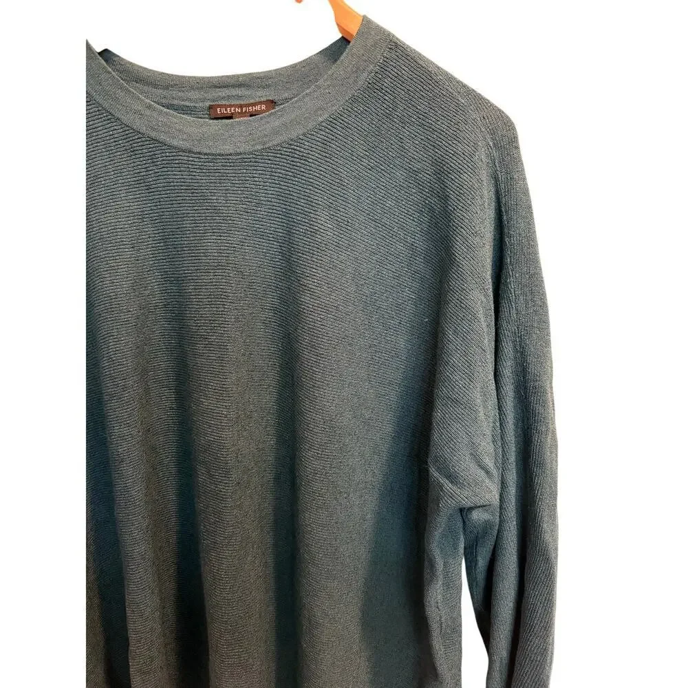 Eileen Fisher Women’s Linen Crepe Stretch Crew Neck Top Size L Teal Long Sleeve - Picture 3 of 7
